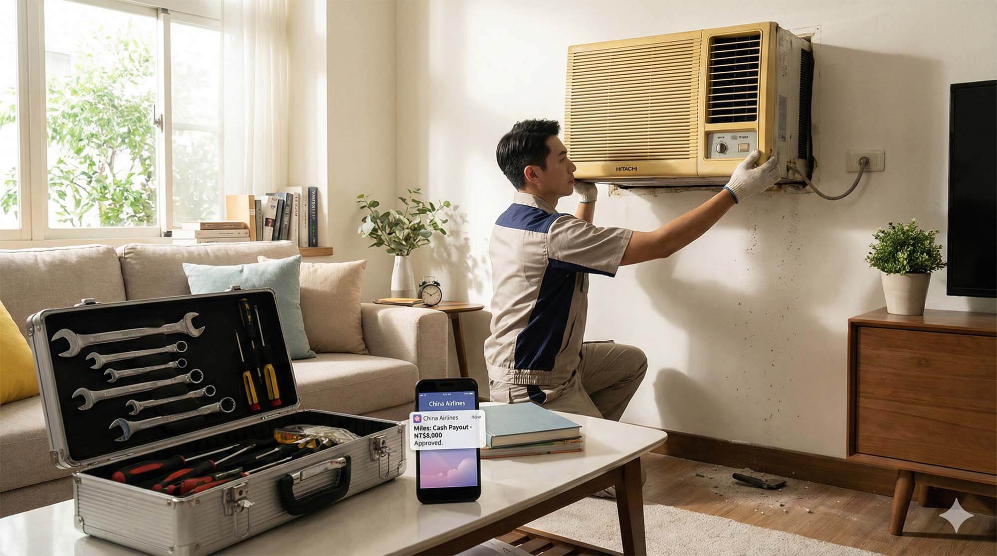 日式居家環境，一台舊的 Hitachi 冷氣正在被拆卸，旁邊放著顯示哩程換現金的手機與工具箱，象徵換季維護與資產回收 / Japanese style home, old Hitachi AC being dismantled, phone showing miles to cash and toolbox nearby, symbolizing seasonal maintenance and asset recycling.